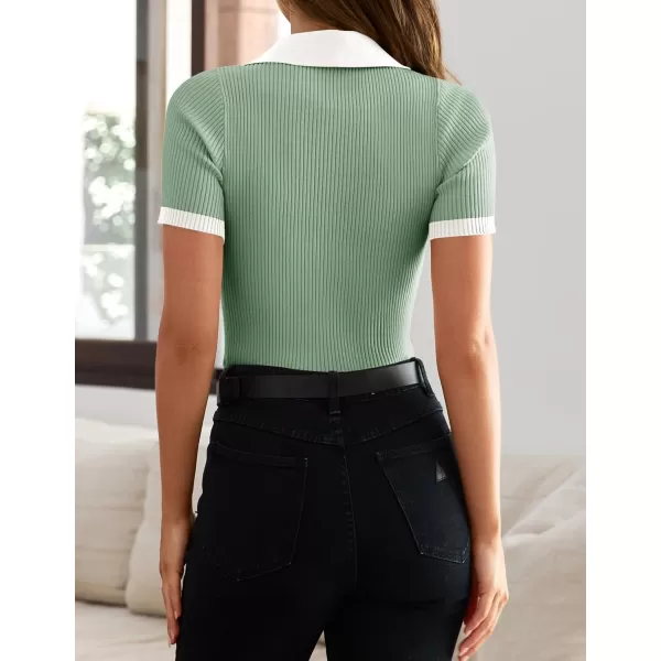 ZESICA Womens Short Sleeve V Neck T Shirts 2024 Summer Ribbed Knit Slim Fitted Basic Solid Color Tee TopsLight Green