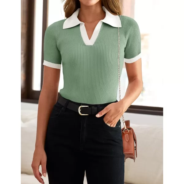 ZESICA Womens Short Sleeve V Neck T Shirts 2024 Summer Ribbed Knit Slim Fitted Basic Solid Color Tee TopsLight Green
