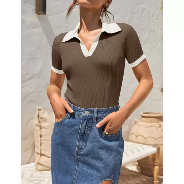 ZESICA Womens Short Sleeve V Neck T Shirts 2024 Summer Ribbed Knit Slim Fitted Basic Solid Color Tee TopsMocha