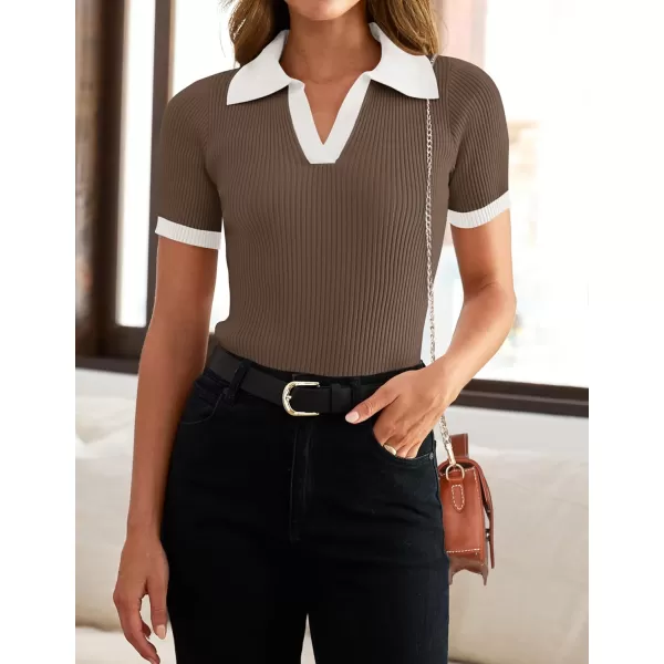 ZESICA Womens Short Sleeve V Neck T Shirts 2024 Summer Ribbed Knit Slim Fitted Basic Solid Color Tee TopsMocha