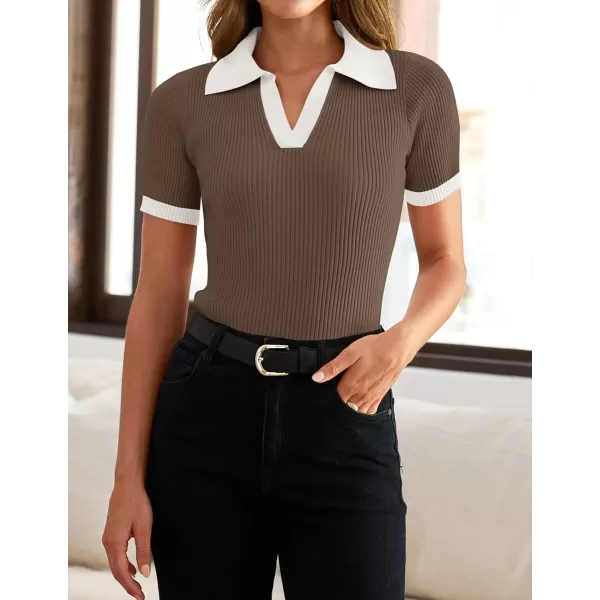 ZESICA Womens Short Sleeve V Neck T Shirts 2024 Summer Ribbed Knit Slim Fitted Basic Solid Color Tee TopsMocha