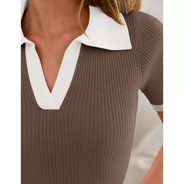 ZESICA Womens Short Sleeve V Neck T Shirts 2024 Summer Ribbed Knit Slim Fitted Basic Solid Color Tee TopsMocha