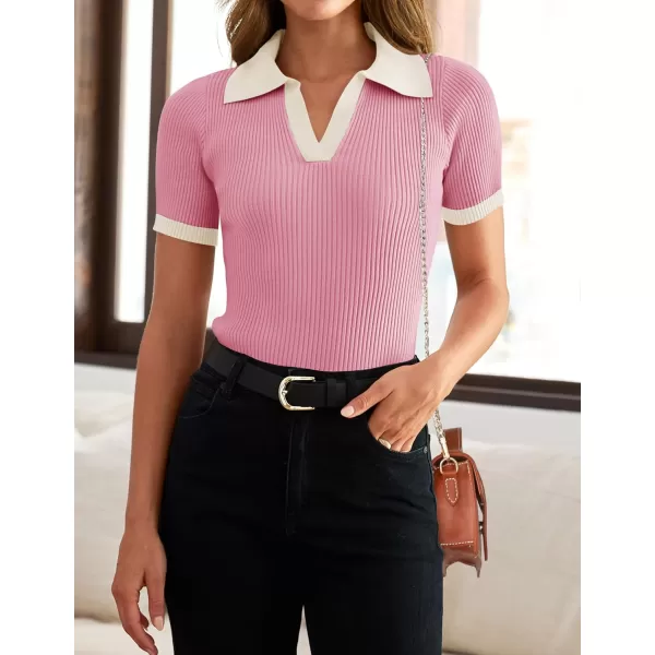 ZESICA Womens Short Sleeve V Neck T Shirts 2024 Summer Ribbed Knit Slim Fitted Basic Solid Color Tee TopsPink