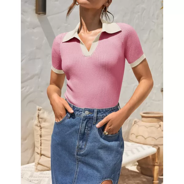 ZESICA Womens Short Sleeve V Neck T Shirts 2024 Summer Ribbed Knit Slim Fitted Basic Solid Color Tee TopsPink