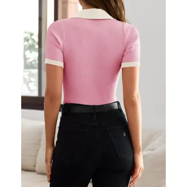 ZESICA Womens Short Sleeve V Neck T Shirts 2024 Summer Ribbed Knit Slim Fitted Basic Solid Color Tee TopsPink