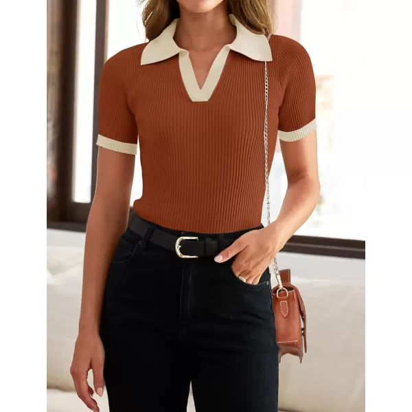 ZESICA Womens Short Sleeve V Neck T Shirts 2024 Summer Ribbed Knit Slim Fitted Basic Solid Color Tee TopsRust