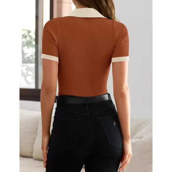 ZESICA Womens Short Sleeve V Neck T Shirts 2024 Summer Ribbed Knit Slim Fitted Basic Solid Color Tee TopsRust