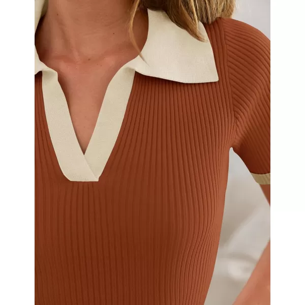 ZESICA Womens Short Sleeve V Neck T Shirts 2024 Summer Ribbed Knit Slim Fitted Basic Solid Color Tee TopsRust
