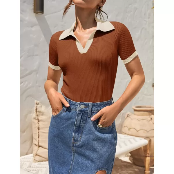 ZESICA Womens Short Sleeve V Neck T Shirts 2024 Summer Ribbed Knit Slim Fitted Basic Solid Color Tee TopsRust
