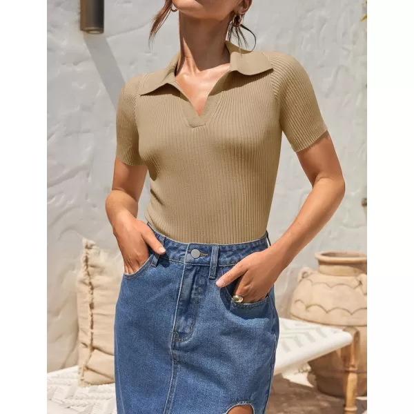 ZESICA Womens Short Sleeve V Neck T Shirts 2024 Summer Ribbed Knit Slim Fitted Basic Solid Color Tee TopsToffee