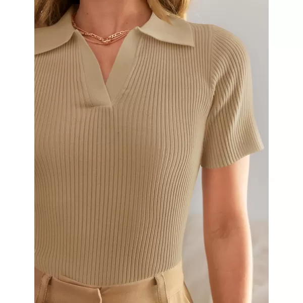 ZESICA Womens Short Sleeve V Neck T Shirts 2024 Summer Ribbed Knit Slim Fitted Basic Solid Color Tee TopsToffee