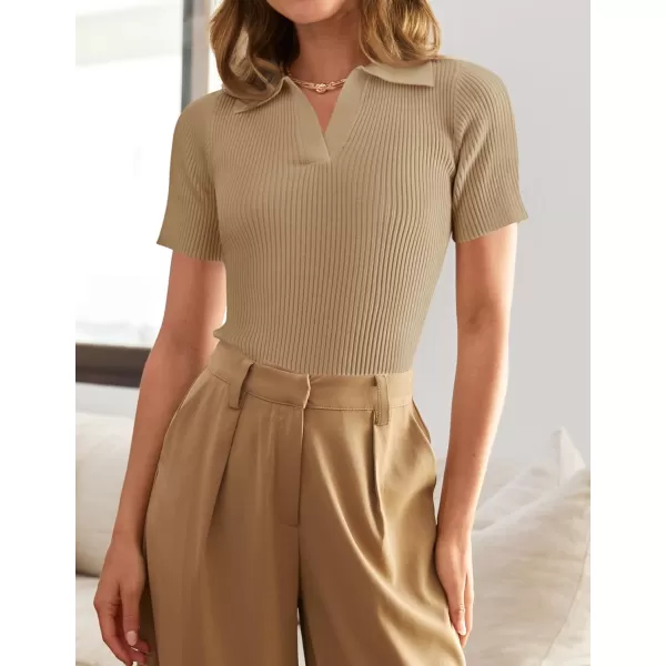 ZESICA Womens Short Sleeve V Neck T Shirts 2024 Summer Ribbed Knit Slim Fitted Basic Solid Color Tee TopsToffee