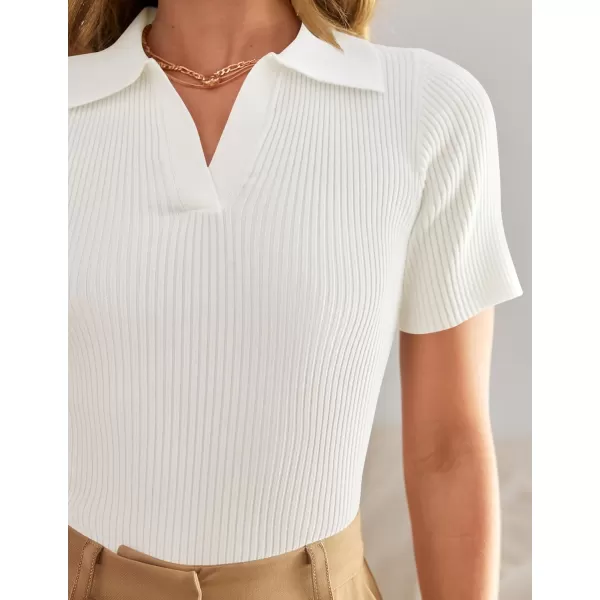 ZESICA Womens Short Sleeve V Neck T Shirts 2024 Summer Ribbed Knit Slim Fitted Basic Solid Color Tee TopsWhite