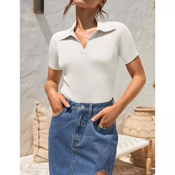 ZESICA Womens Short Sleeve V Neck T Shirts 2024 Summer Ribbed Knit Slim Fitted Basic Solid Color Tee TopsWhite