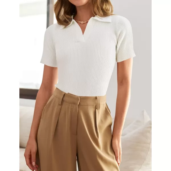 ZESICA Womens Short Sleeve V Neck T Shirts 2024 Summer Ribbed Knit Slim Fitted Basic Solid Color Tee TopsWhite