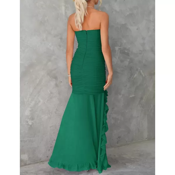 ZESICA Womens Summer Strapless Ruffle Dress Mesh Ruched Sexy Bodycon Formal Cocktail Party Maxi DressesDark Green
