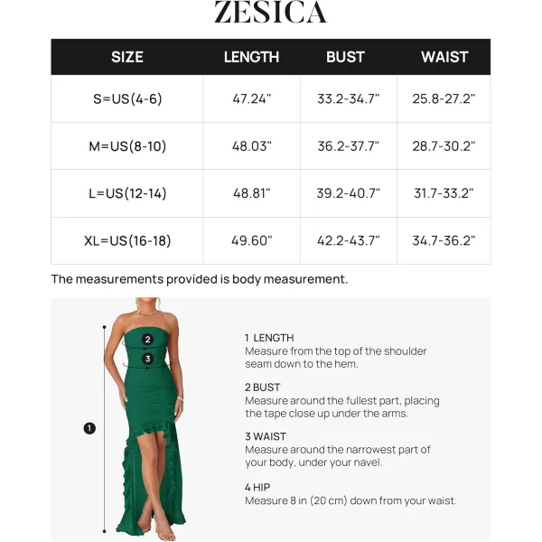 ZESICA Womens Summer Strapless Ruffle Dress Mesh Ruched Sexy Bodycon Formal Cocktail Party Maxi DressesDark Green