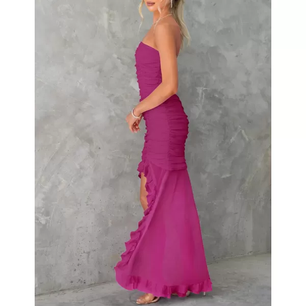 ZESICA Womens Summer Strapless Ruffle Dress Mesh Ruched Sexy Bodycon Formal Cocktail Party Maxi DressesEggplant