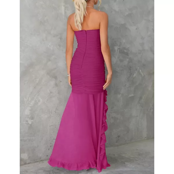 ZESICA Womens Summer Strapless Ruffle Dress Mesh Ruched Sexy Bodycon Formal Cocktail Party Maxi DressesEggplant