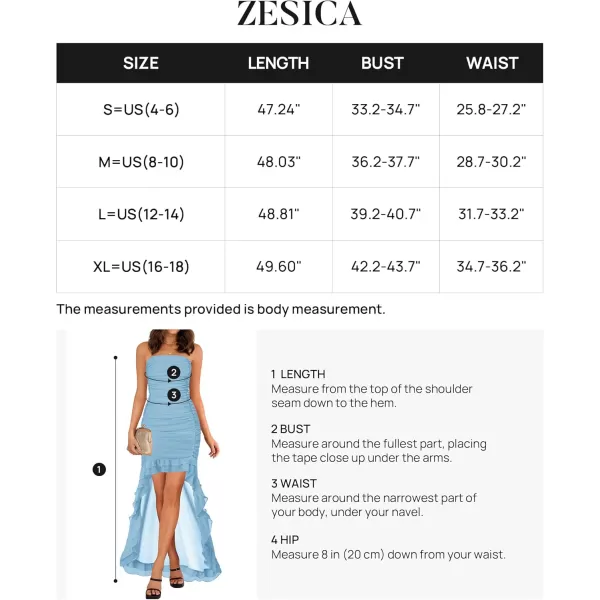 ZESICA Womens Summer Strapless Ruffle Dress Mesh Ruched Sexy Bodycon Formal Cocktail Party Maxi DressesLight Blue