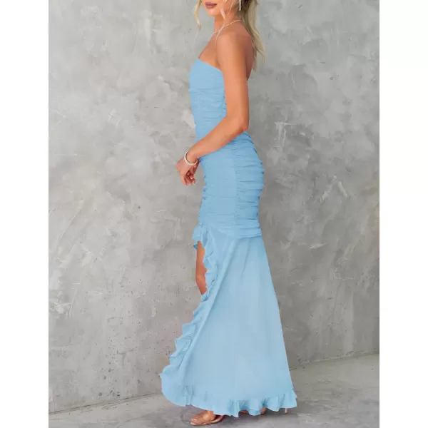 ZESICA Womens Summer Strapless Ruffle Dress Mesh Ruched Sexy Bodycon Formal Cocktail Party Maxi DressesLight Blue