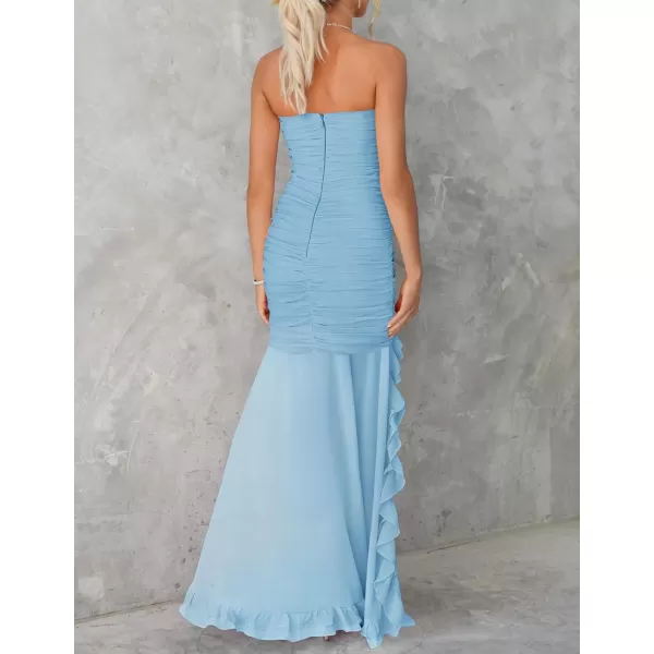 ZESICA Womens Summer Strapless Ruffle Dress Mesh Ruched Sexy Bodycon Formal Cocktail Party Maxi DressesLight Blue
