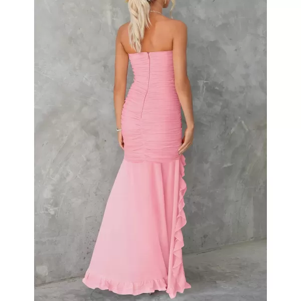 ZESICA Womens Summer Strapless Ruffle Dress Mesh Ruched Sexy Bodycon Formal Cocktail Party Maxi DressesLight Pink