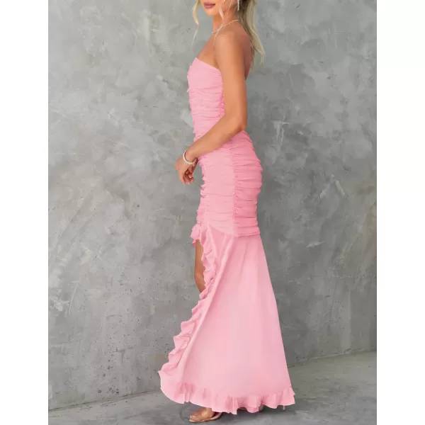 ZESICA Womens Summer Strapless Ruffle Dress Mesh Ruched Sexy Bodycon Formal Cocktail Party Maxi DressesLight Pink