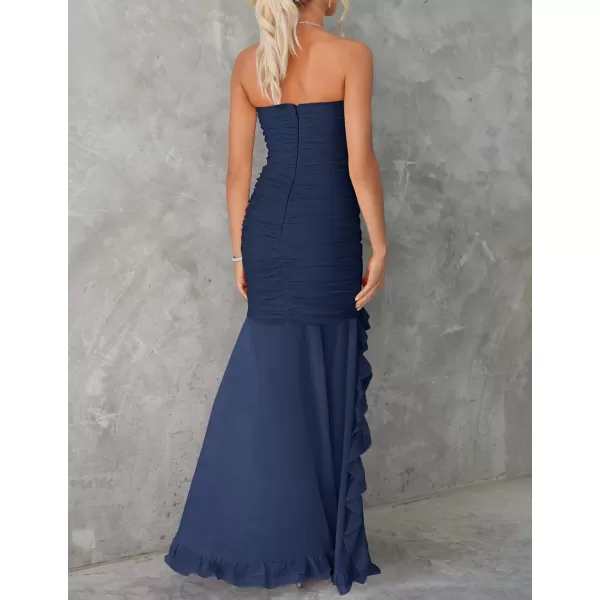 ZESICA Womens Summer Strapless Ruffle Dress Mesh Ruched Sexy Bodycon Formal Cocktail Party Maxi DressesNavy