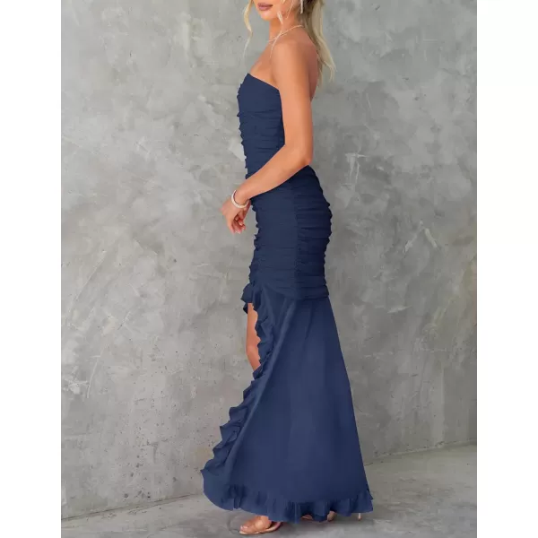 ZESICA Womens Summer Strapless Ruffle Dress Mesh Ruched Sexy Bodycon Formal Cocktail Party Maxi DressesNavy