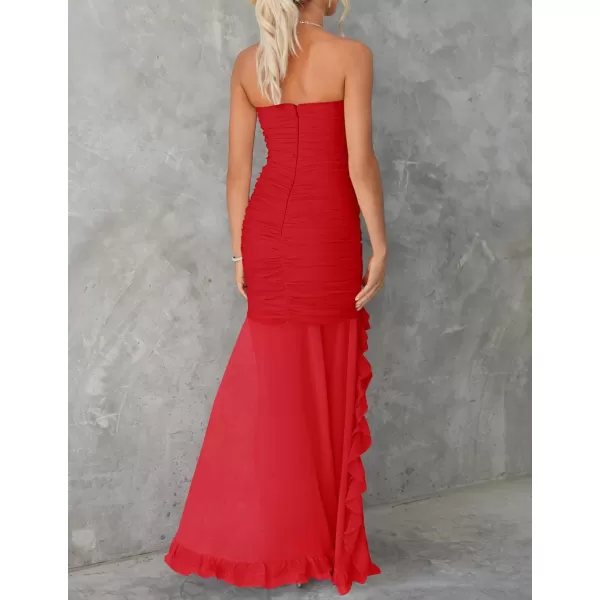 ZESICA Womens Summer Strapless Ruffle Dress Mesh Ruched Sexy Bodycon Formal Cocktail Party Maxi DressesRed