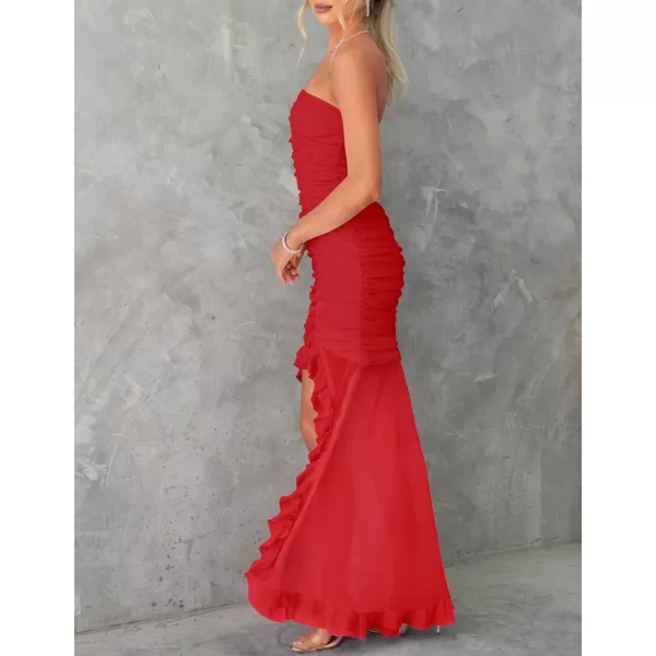 ZESICA Womens Summer Strapless Ruffle Dress Mesh Ruched Sexy Bodycon Formal Cocktail Party Maxi DressesRed