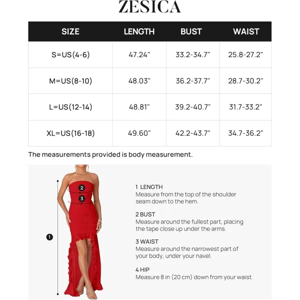 ZESICA Womens Summer Strapless Ruffle Dress Mesh Ruched Sexy Bodycon Formal Cocktail Party Maxi DressesRed