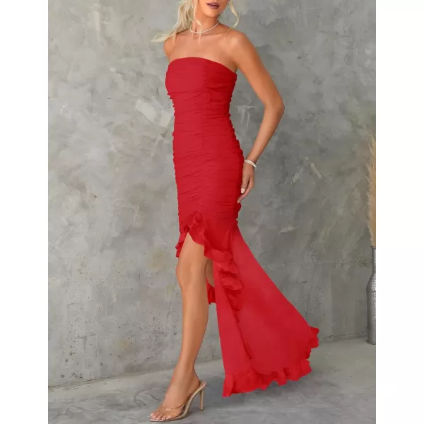 ZESICA Womens Summer Strapless Ruffle Dress Mesh Ruched Sexy Bodycon Formal Cocktail Party Maxi DressesRed