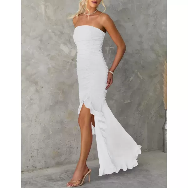 ZESICA Womens Summer Strapless Ruffle Dress Mesh Ruched Sexy Bodycon Formal Cocktail Party Maxi DressesWhite