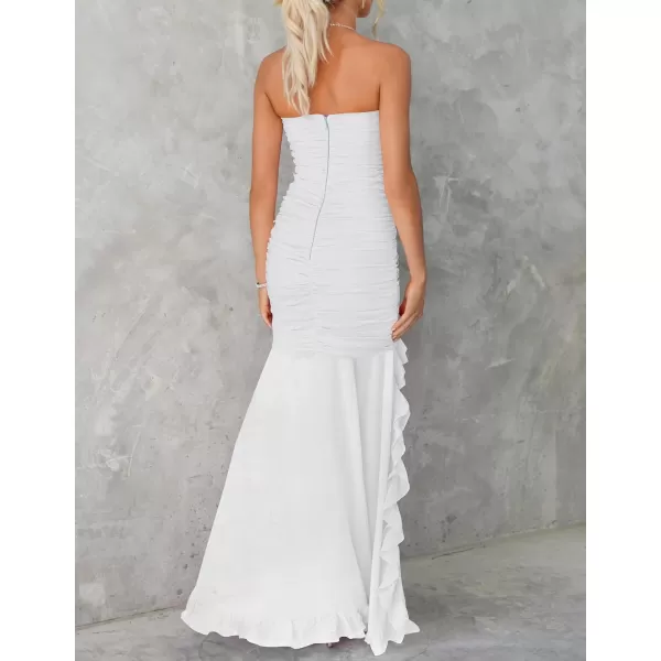 ZESICA Womens Summer Strapless Ruffle Dress Mesh Ruched Sexy Bodycon Formal Cocktail Party Maxi DressesWhite