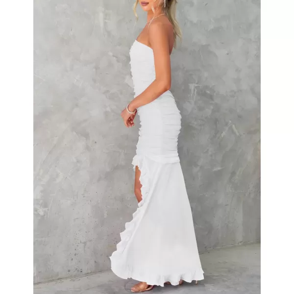 ZESICA Womens Summer Strapless Ruffle Dress Mesh Ruched Sexy Bodycon Formal Cocktail Party Maxi DressesWhite