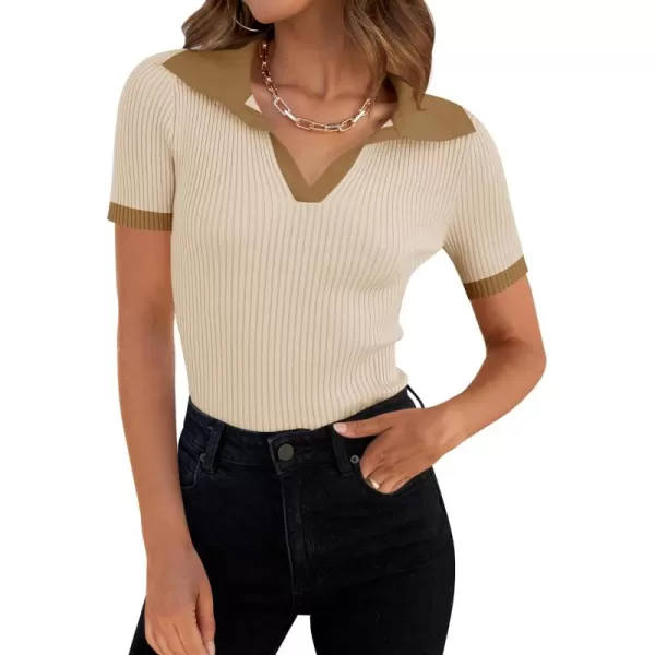 ZESICA Womens Short Sleeve V Neck T Shirts 2024 Summer Ribbed Knit Slim Fitted Basic Solid Color Tee TopsBeige