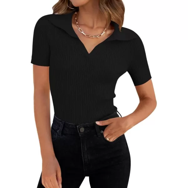 ZESICA Womens Short Sleeve V Neck T Shirts 2024 Summer Ribbed Knit Slim Fitted Basic Solid Color Tee TopsBlack