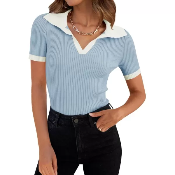 ZESICA Womens Short Sleeve V Neck T Shirts 2024 Summer Ribbed Knit Slim Fitted Basic Solid Color Tee TopsBlue