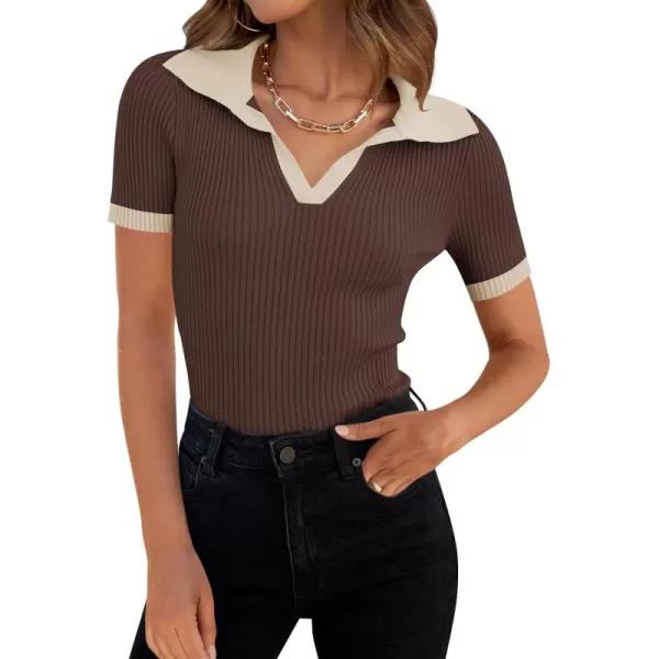 ZESICA Womens Short Sleeve V Neck T Shirts 2024 Summer Ribbed Knit Slim Fitted Basic Solid Color Tee TopsCoffee