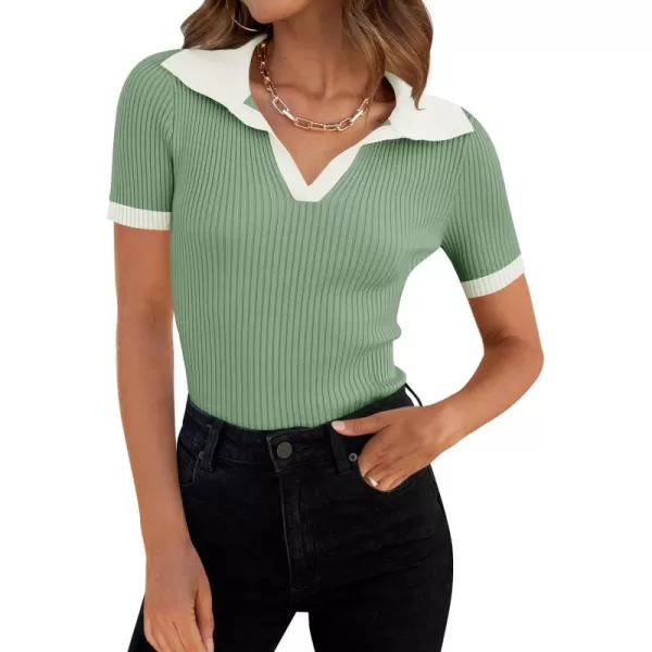 ZESICA Womens Short Sleeve V Neck T Shirts 2024 Summer Ribbed Knit Slim Fitted Basic Solid Color Tee TopsLight Green