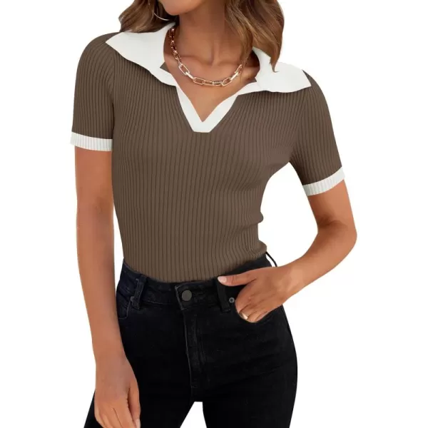 ZESICA Womens Short Sleeve V Neck T Shirts 2024 Summer Ribbed Knit Slim Fitted Basic Solid Color Tee TopsMocha