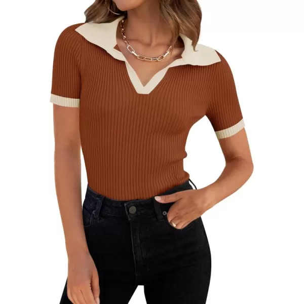 ZESICA Womens Short Sleeve V Neck T Shirts 2024 Summer Ribbed Knit Slim Fitted Basic Solid Color Tee TopsRust
