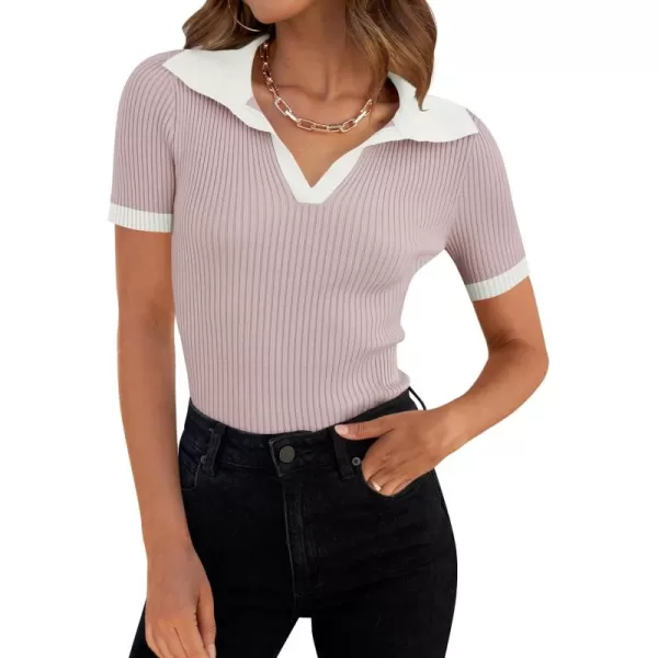 ZESICA Womens Short Sleeve V Neck T Shirts 2024 Summer Ribbed Knit Slim Fitted Basic Solid Color Tee TopsTaro