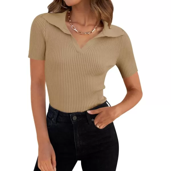 ZESICA Womens Short Sleeve V Neck T Shirts 2024 Summer Ribbed Knit Slim Fitted Basic Solid Color Tee TopsToffee