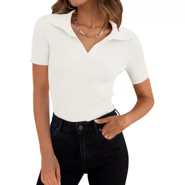 ZESICA Womens Short Sleeve V Neck T Shirts 2024 Summer Ribbed Knit Slim Fitted Basic Solid Color Tee TopsWhite