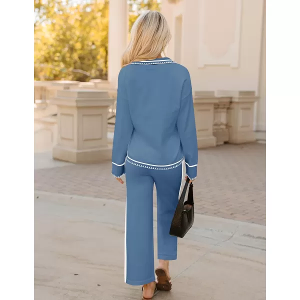 imageZESICA Womens 2 Piece Fall Outfits Long Sleeve V Neck Knit Sweater Tops Wide Leg Pants Sweatsuit Lounge SetsDusty Blue