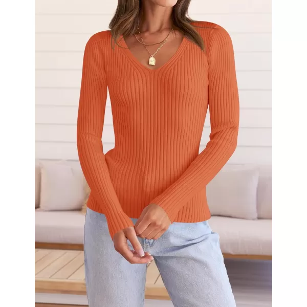 imageZESICA Womens 2024 Fall Long Sleeve V Neck T Shirts Ribbed Knit Sweater Slim Fit Solid Basic Casual Tee TopsOrange