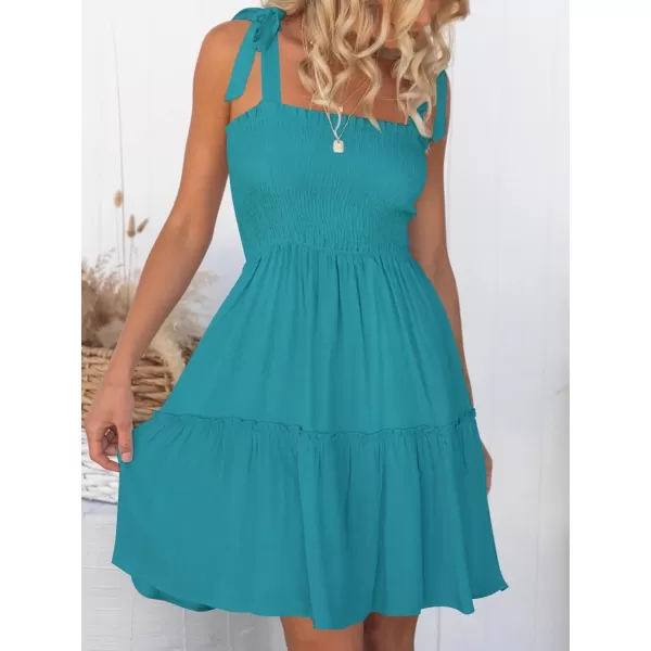 imageZESICA Womens 2024 Summer Spaghetti Strap Sleeveless Square Neck Ruffle A Line Swing Mini DressPeacock